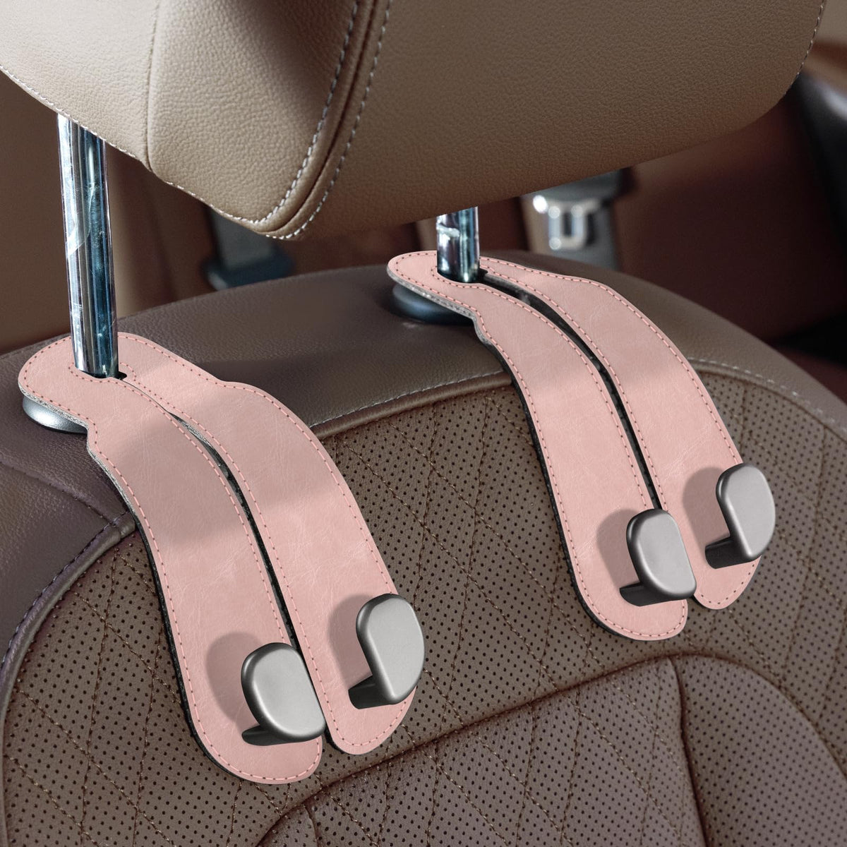 CoBak Purse Hook for Car - Universal Premium Stitched Leather and Aluminum-Magnesium Alloy Double Car Seat Back Storage Hook for Purses, Handbags, Bags (2 Pack),SageGreen