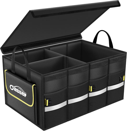 Oasser Car Trunk Organizer with Foldable Soft Lid, 55L 3 Compartments Black