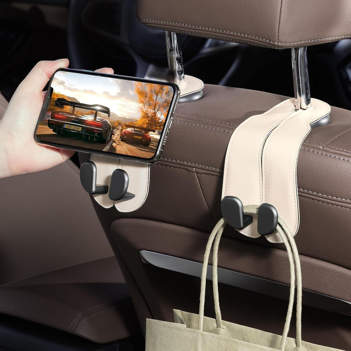 CoBak Purse Hook for Car - Universal Premium Stitched Leather and Aluminum-Magnesium Alloy Double Car Seat Back Storage Hook for Purses, Handbags, Bags (2 Pack),Beige