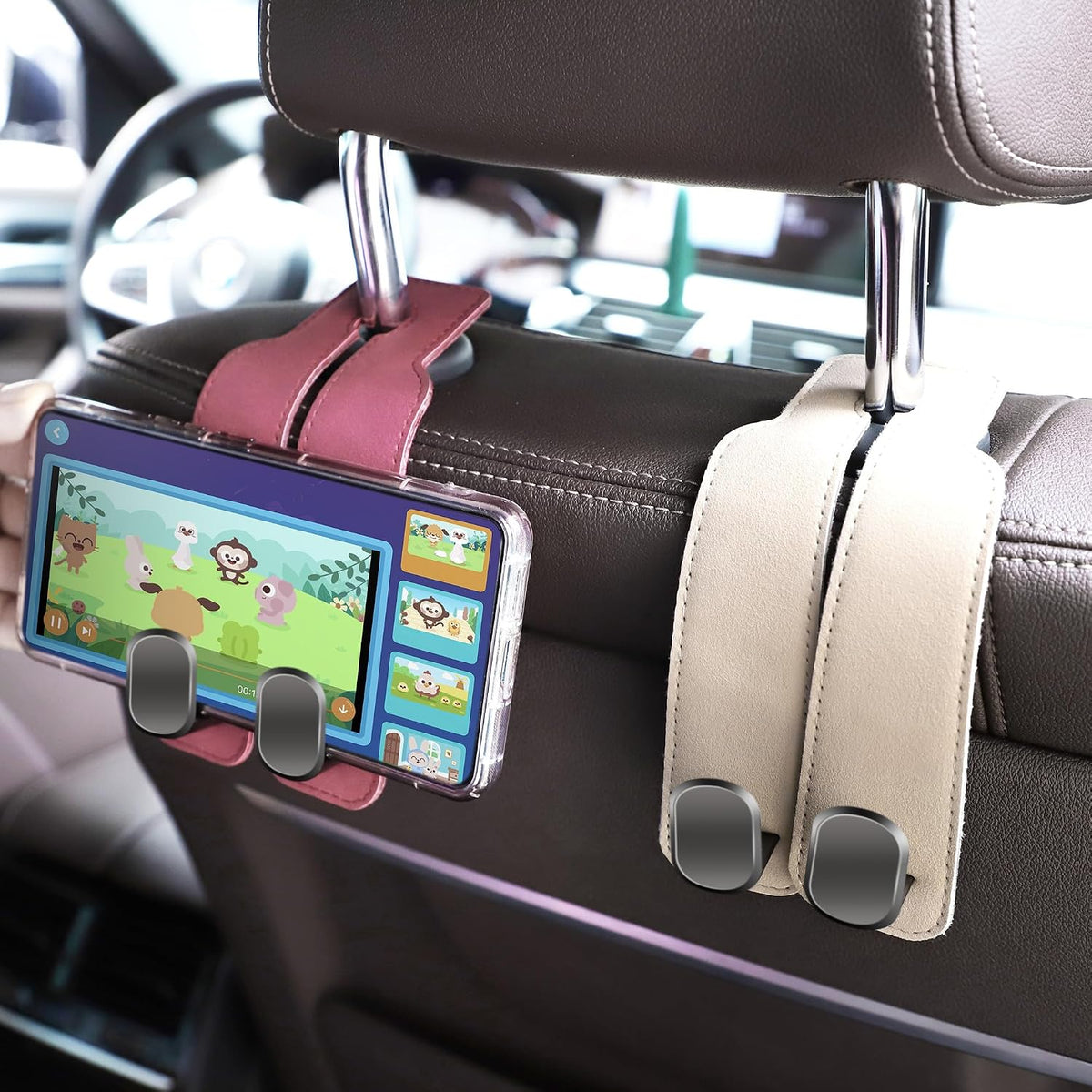Amelity Car Headrest Hooks, Purse Hook for Car 2 Pack Beige