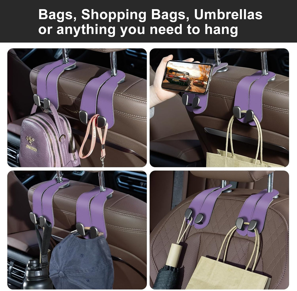 CoBak Purse Hook for Car - Universal Premium Stitched Leather and Aluminum-Magnesium Alloy Double Car Seat Back Storage Hook for Purses, Handbags, Bags (2 Pack),Amethyst Purple
