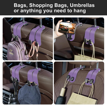 CoBak Purse Hook for Car - Universal Premium Stitched Leather and Aluminum-Magnesium Alloy Double Car Seat Back Storage Hook for Purses, Handbags, Bags (2 Pack),Amethyst Purple