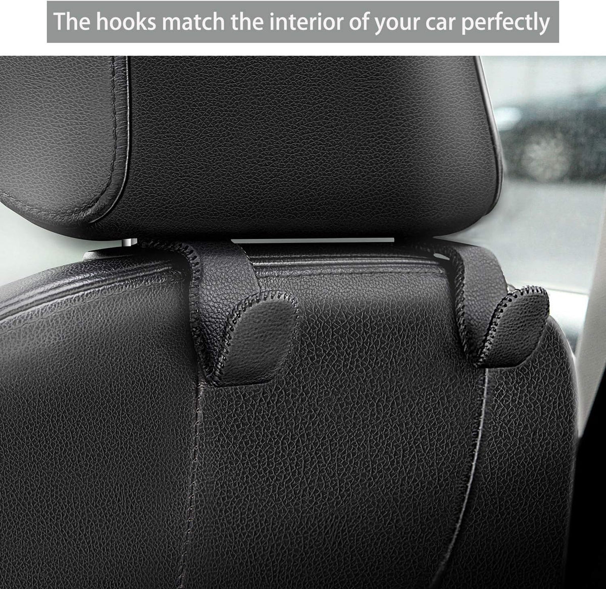 Headrest Hooks for Car, Back Seat Organizer Black Leather Hanger Holder Hook, for Hanging Purses and Bags and Coats, Pack of 2