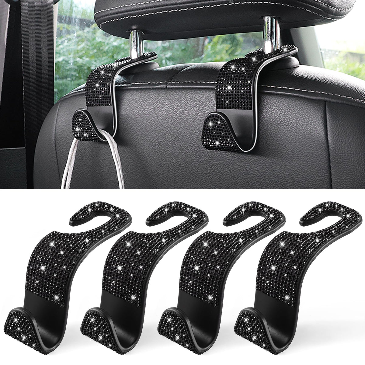 LivTee Car Seat Headrest Hook, Auto Seat Hook Hangers Storage Organizer Interior Accessories for Purse Coats Umbrellas Grocery Bags Handbag, 4-Pack