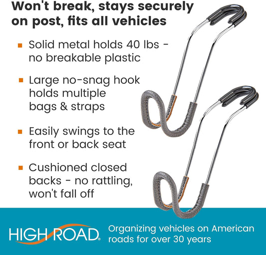 High Road Car Hooks for Purses and Bags with Leather Trim - Unbreakable Headrest Car Hooks for Large Purse Straps and Heavy Bags up to 40 lbs - Secure Attachment Loops Fit All Headrest Posts, 2-Pack