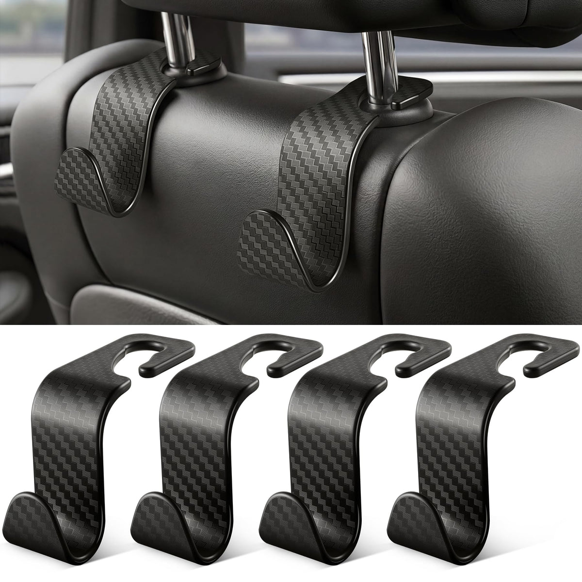 SINGARO 4 Pack Car Seat Headrest Hooks, Vehicle Back Seat Hanger Storage Organizer for Purse Handbag Backpack Coat Grocery, 360° Rotating Heavy Duty Holds 44lbs, Black