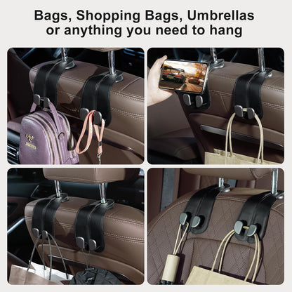 CoBak Purse Hook for Car - Universal Premium Stitched Leather and Aluminum-Magnesium Alloy Double Car Seat Back Storage Hook for Purses, Handbags, Bags (4 Pack),Black