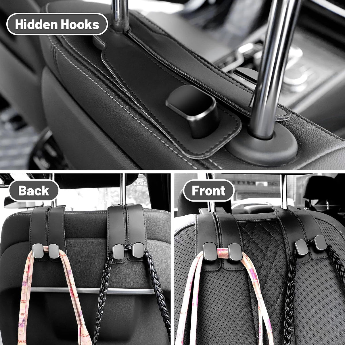 Amelity Car Seat Hook, Purse Hook for Car Headrest 2 Pack, Solid Black