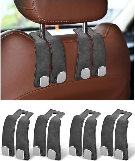 Headrest Hooks for Car, 4 Pack Car Seat Back Organizer Storage Hook, Double Hook Car Seat Hooks for Hanger Purses and Bags, Leather Purse Holder for Car, Grey