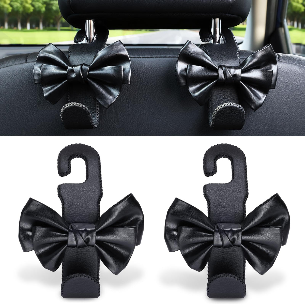 Car Headrest Hooks for Purses and Bags, Upgraded 2 in 1 Cars Back Seat Head Rest Hanger Vehicle Leather Organizer Storage Holder Hook Matching Cars Interior, 1-Pack, Black