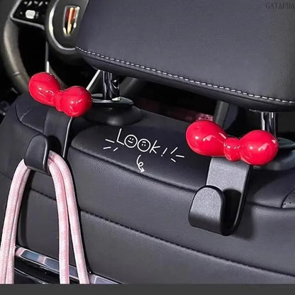 2pcs Bow Car Headrest Hook, Pink Storage Hanger, Interior Organizer Accessory for Vehicle