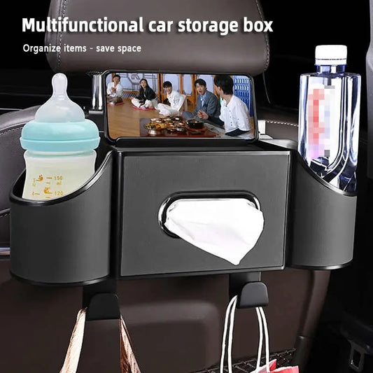 Car Interior Storage Organizer - Hook-Mount Backseat Accessory with 3-way Functional Design, Cups-in-Reach Holder, Small Gear Hooks & Stowing Rack