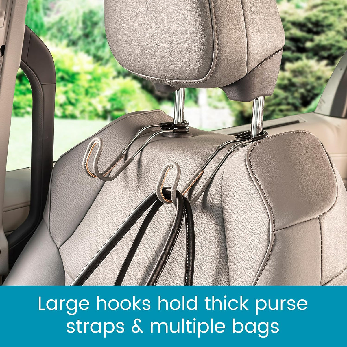 High Road Car Hooks for Purses and Bags with Leather Trim - Unbreakable Headrest Car Hooks for Large Purse Straps and Heavy Bags up to 40 lbs - Secure Attachment Loops Fit All Headrest Posts, 2-Pack
