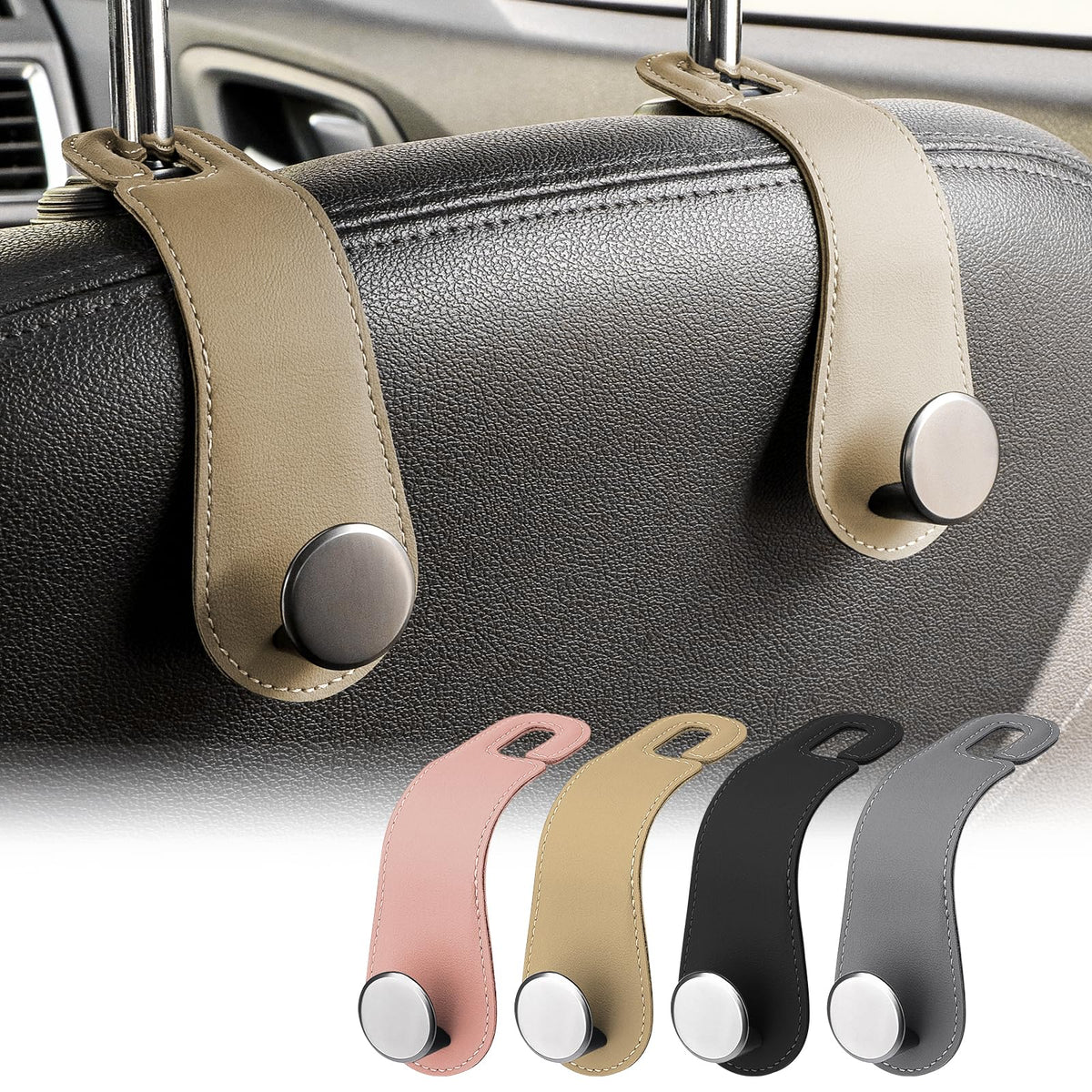 2 Pack Car Headrest Hooks Leather & Alloy Car Seat Storage Hangers, Black