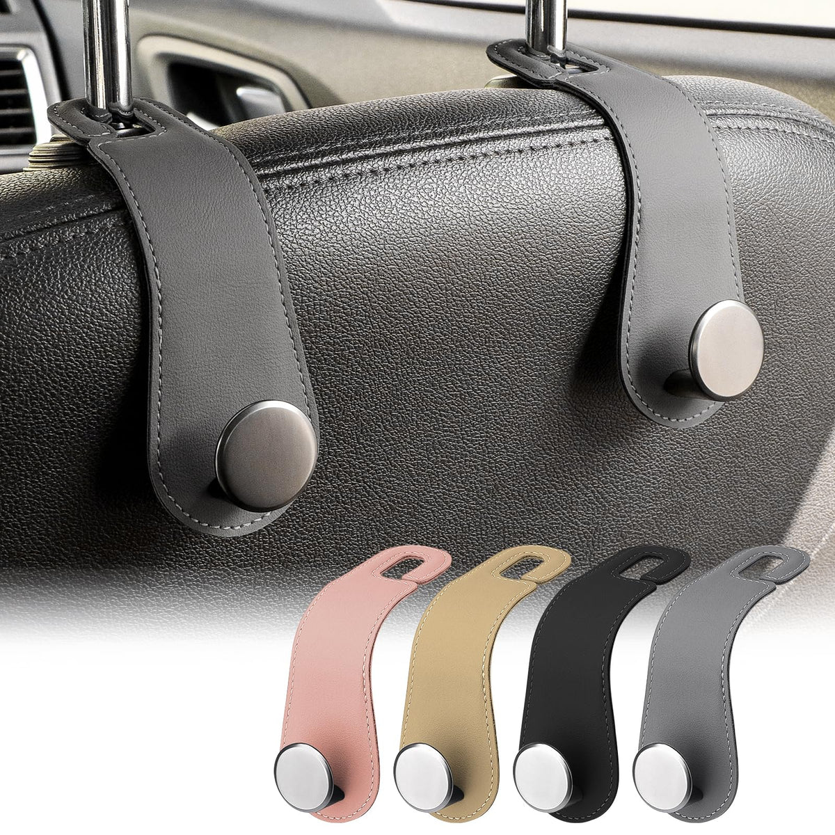 2 Pack Car Headrest Hooks Leather & Alloy Car Seat Storage Hangers, Black