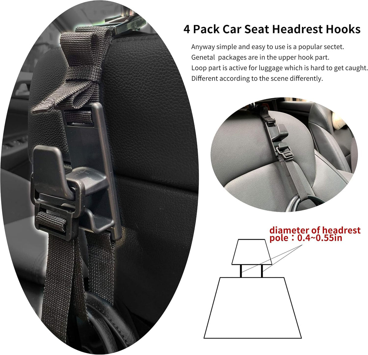 4-Pack Headrest Hooks for Car Universal Interior Auto Vehicle Back Front Seat Hanger Holder Organizer for Handbags Purses Coats and Grocery Bags