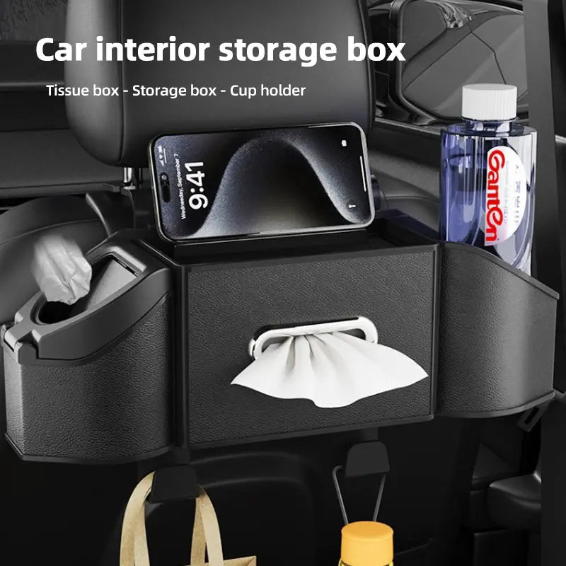 Car Interior Storage Organizer - Hook-Mount Backseat Accessory with 3-way Functional Design, Cups-in-Reach Holder, Small Gear Hooks & Stowing Rack