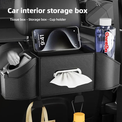 Car Interior Storage Organizer - Hook-Mount Backseat Accessory with 3-way Functional Design, Cups-in-Reach Holder, Small Gear Hooks & Stowing Rack