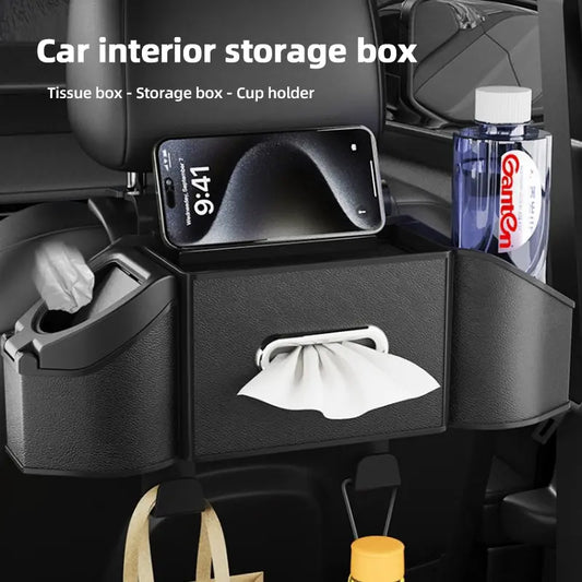 Car Interior Storage Organizer - Hook-Mount Backseat Accessory with 3-way Functional Design, Cups-in-Reach Holder, Small Gear Hooks & Stowing Rack