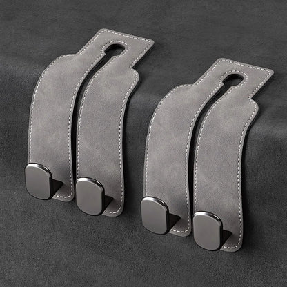 Leather Car Seat Headrest Hooks (2-Pack) - 360° Swivel Double Hooks, Car Seat Back Organizer with Purse Holding & Hide Under Bar Feature, Automotive Interior Stowing & Tidying Accessory