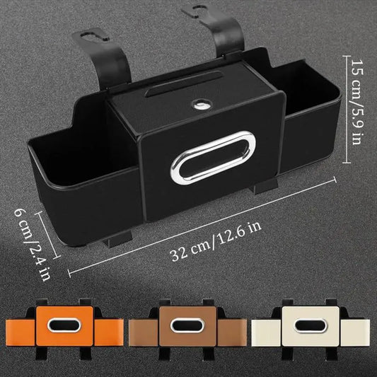 Plastic Multi-Use Car Seat Back Storage Box - Universal Car Accessories Interior, Tidy Seat Organizer with Tissue Slot, Hold 2 Cups, Bag-Hanging Hooks, Easy Grab Portable Storage Box for Stowing & Many Uses