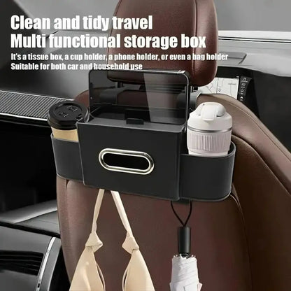 Minimalist Synthetic Car Backseat Organizer Storage Box - Tidy Rear Seat Accessory with Cup Holder, Tissue Box, Hooks for Bags - Ideal for Car Interior Stowing, Family Adventures