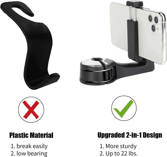 Upgraded 2 Pack Car Headrest Hidden Hook 2 in 1 Car Seat Hooks with Phone Holder for Purse, Backpacks,Toys,and Even Bottle Storage Organizer (Silver)