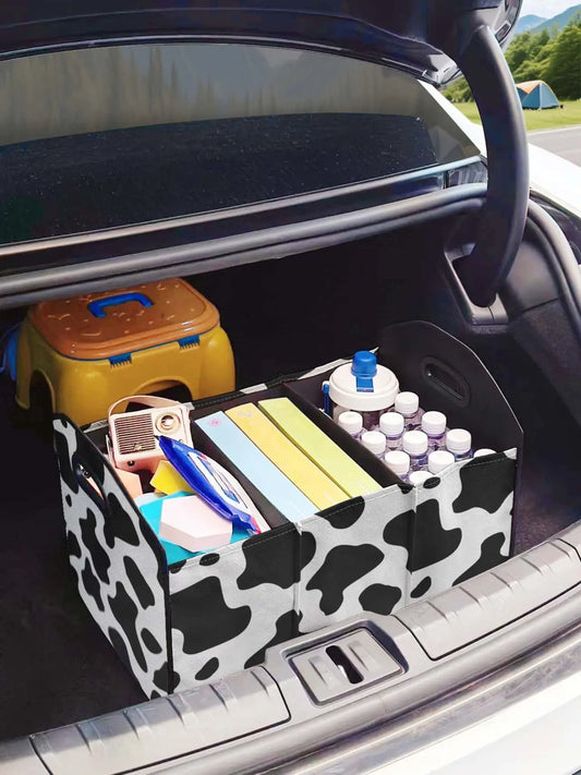 Cow Pattern Printed Multi-Functional Car Interior Storage Box, Foldable Trunk Organizer with Dividers, Casual Style for All Seasons, Car Organizers and Storage
