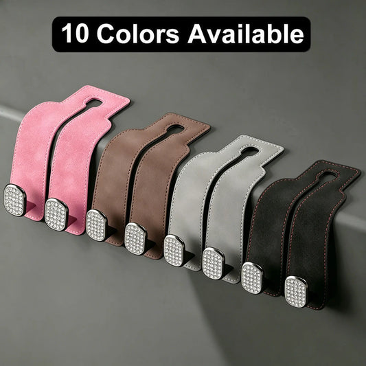 Leather Car Seat Headrest Hooks (2-Pack) - 360° Swivel Double Hooks, Car Seat Back Organizer with Purse Holding & Hide Under Bar Feature, Automotive Interior Stowing & Tidying Accessory