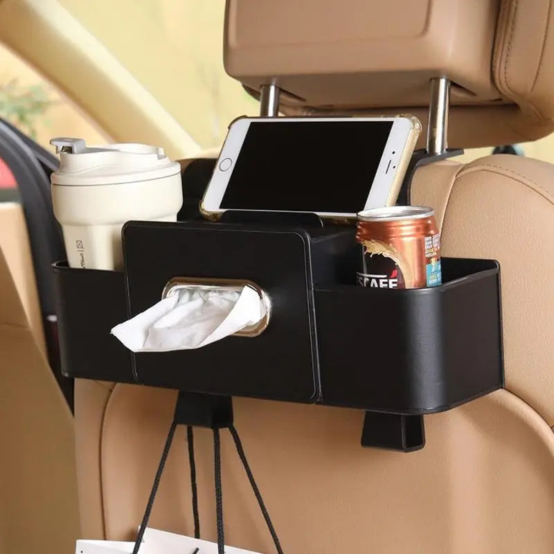 Plastic Multi-Use Car Seat Back Storage Box - Universal Car Accessories Interior, Tidy Seat Organizer with Tissue Slot, Hold 2 Cups, Bag-Hanging Hooks, Easy Grab Portable Storage Box for Stowing & Many Uses