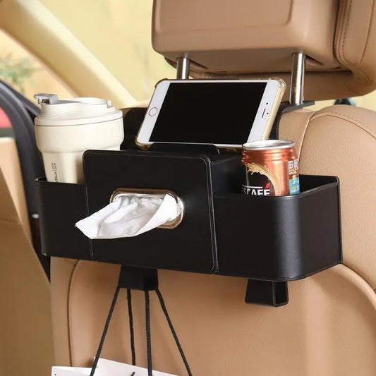 Plastic Multi-Use Car Seat Back Storage Box - Universal Car Accessories Interior, Tidy Seat Organizer with Tissue Slot, Hold 2 Cups, Bag-Hanging Hooks, Easy Grab Portable Storage Box for Stowing & Many Uses